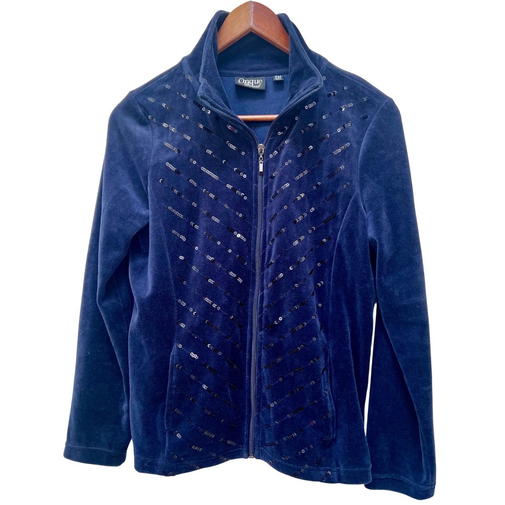Onque Casual‎ Navy Blue Velour Zip Up Jacket Sequins Embellished Size PM